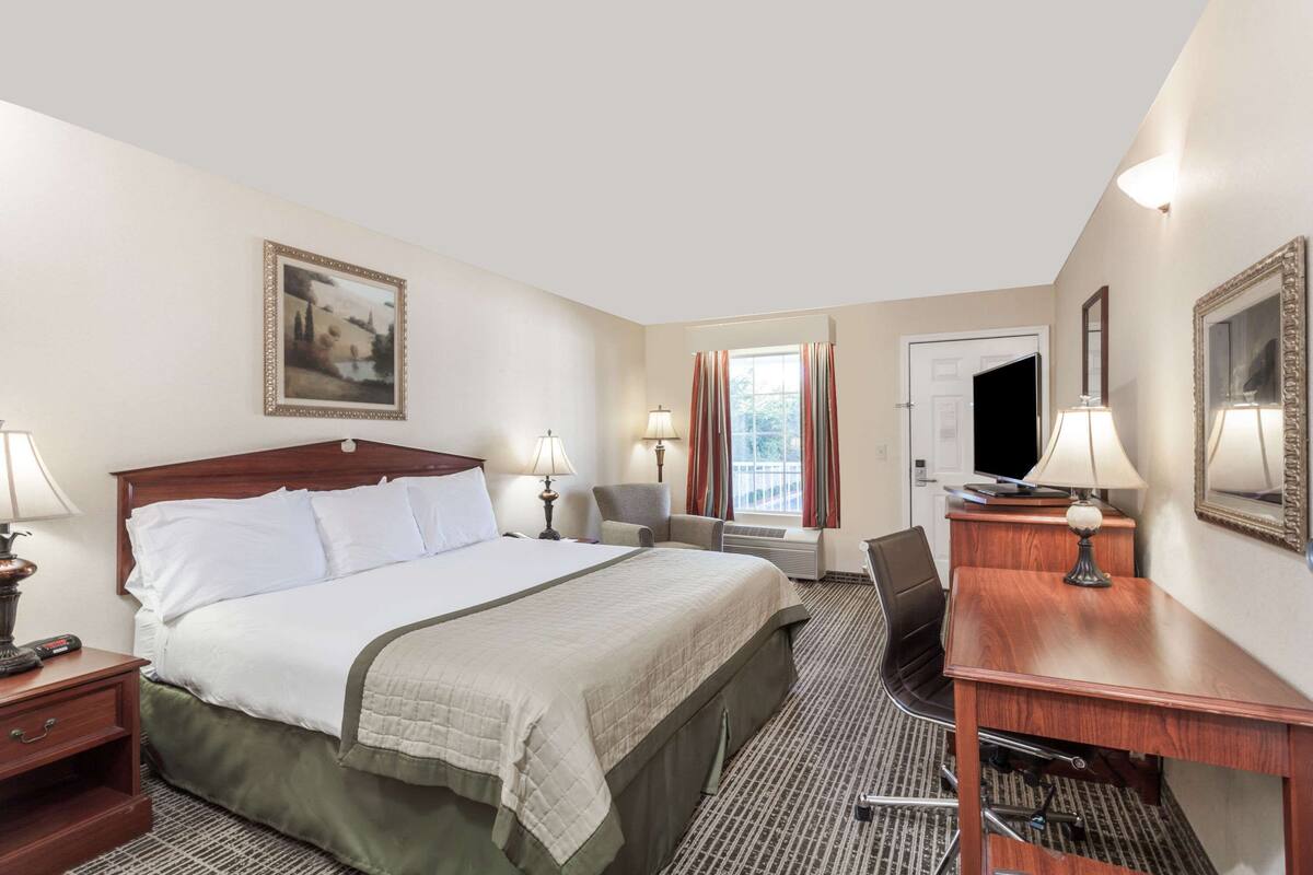 A hotel room with a large bed, a desk, a chair, and a television.