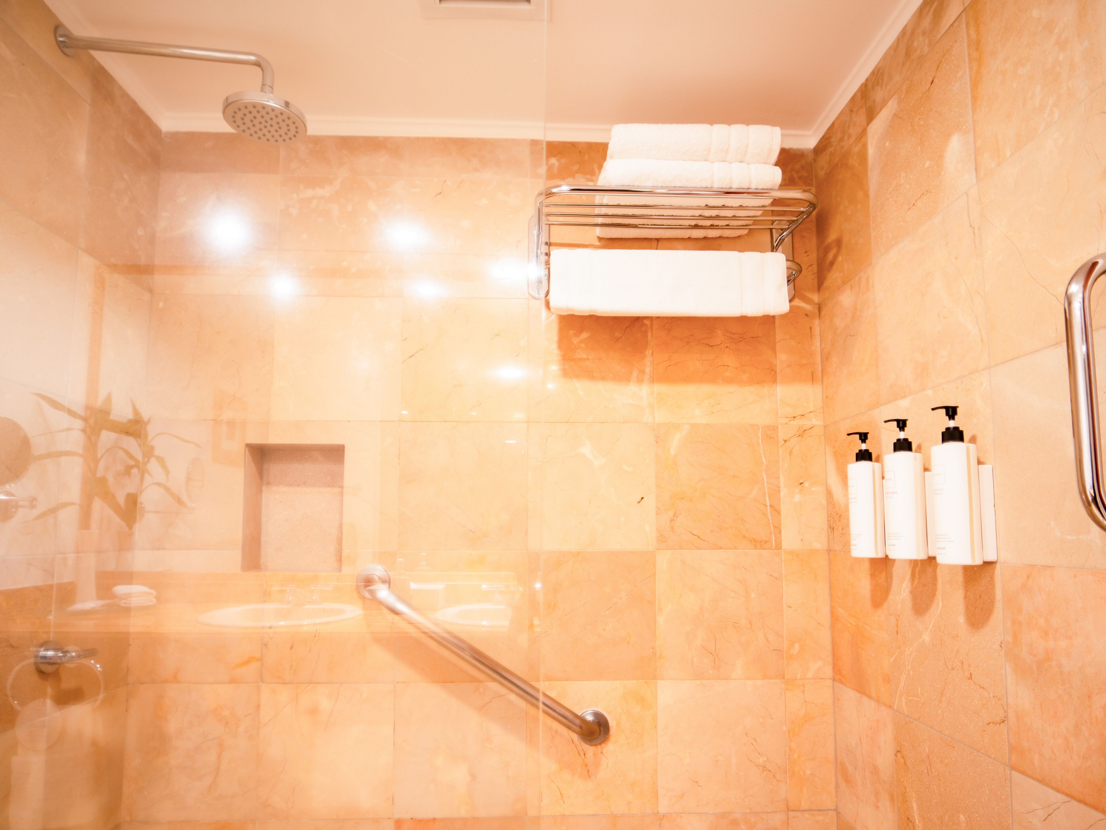 A bathroom with a shower, a handrail, a towel rack, and toiletries.