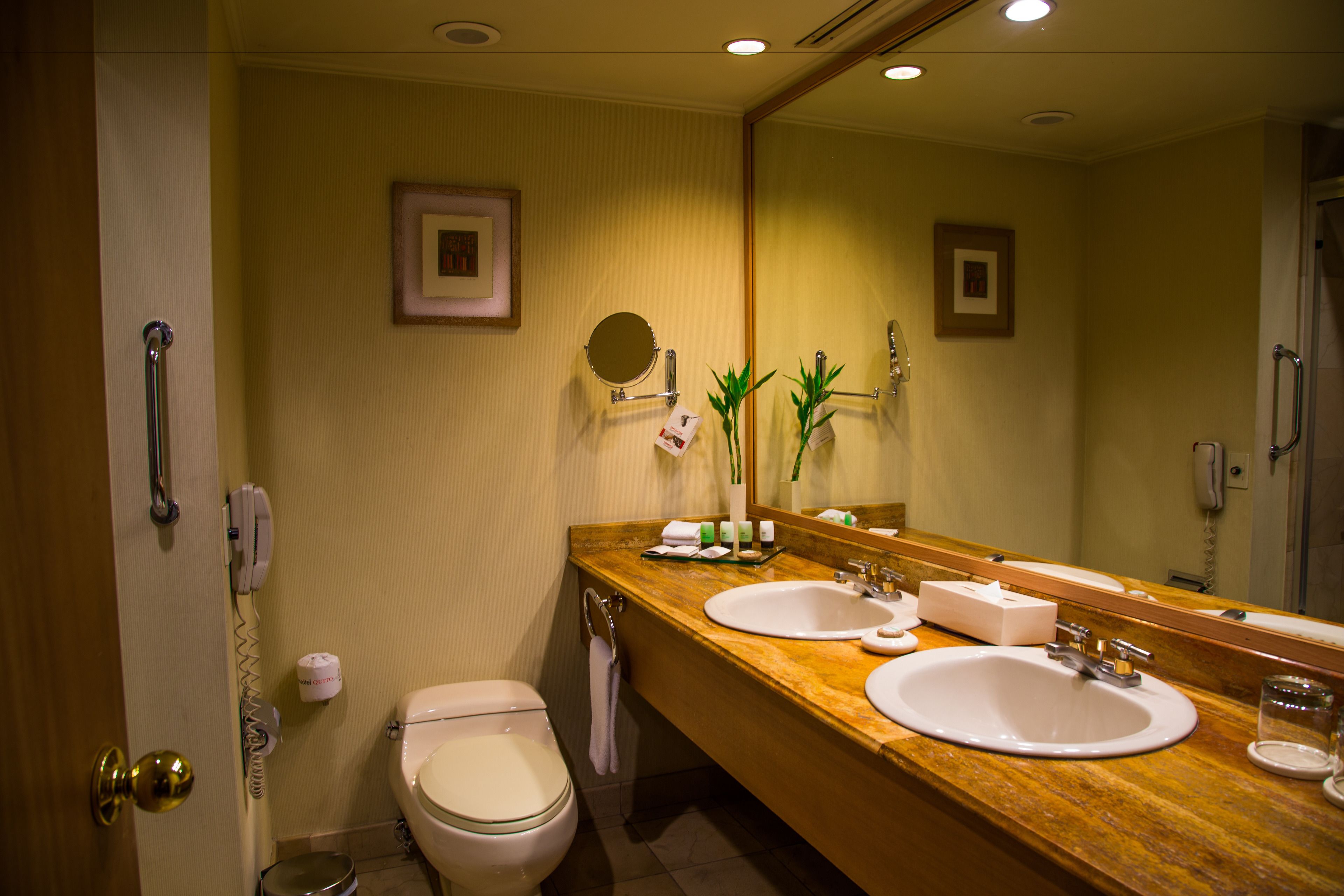 Un baño con tocador de madera, dos lavamanos, inodoro, espejo y ducha.