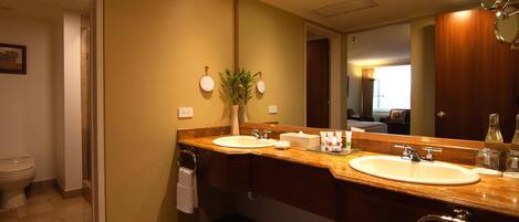 Un baño de hotel con dos lavamanos, un espejo grande y una planta en maceta.
