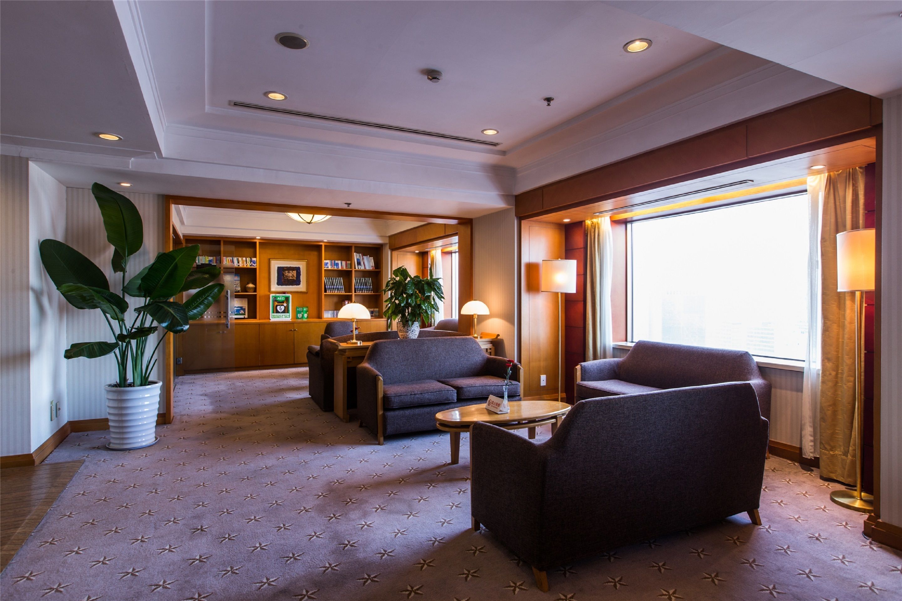 A hotel lobby with a reception desk, seating area, and a bookshelf.
