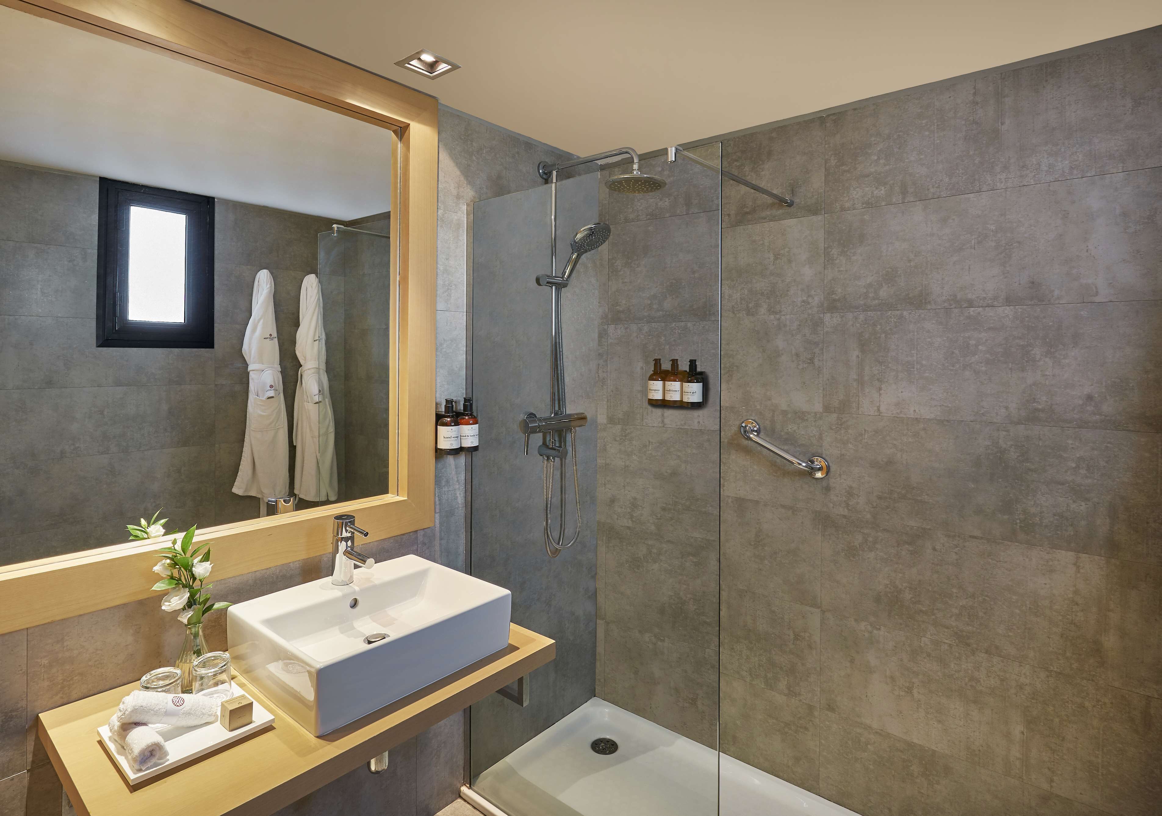 eco-friendly toiletries, hair dryer, bathrobes, towels