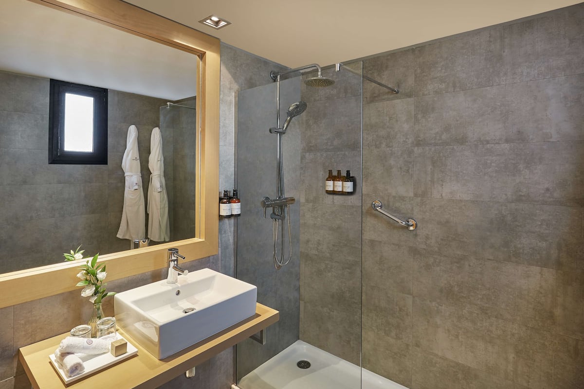 eco-friendly toiletries, hair dryer, bathrobes, towels