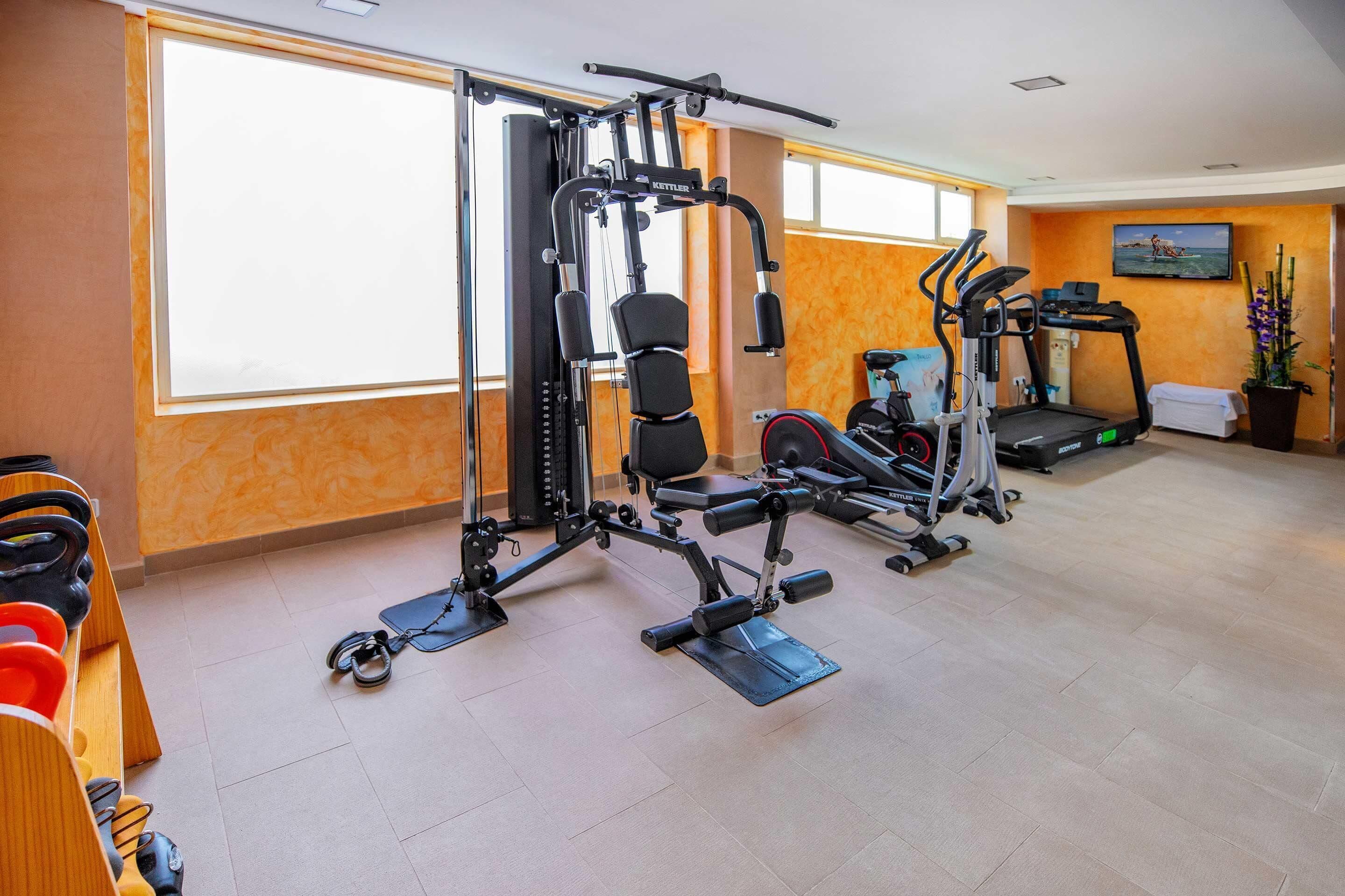 A gym with various exercise equipment, including a bench press, a squat rack, and a treadmill.
