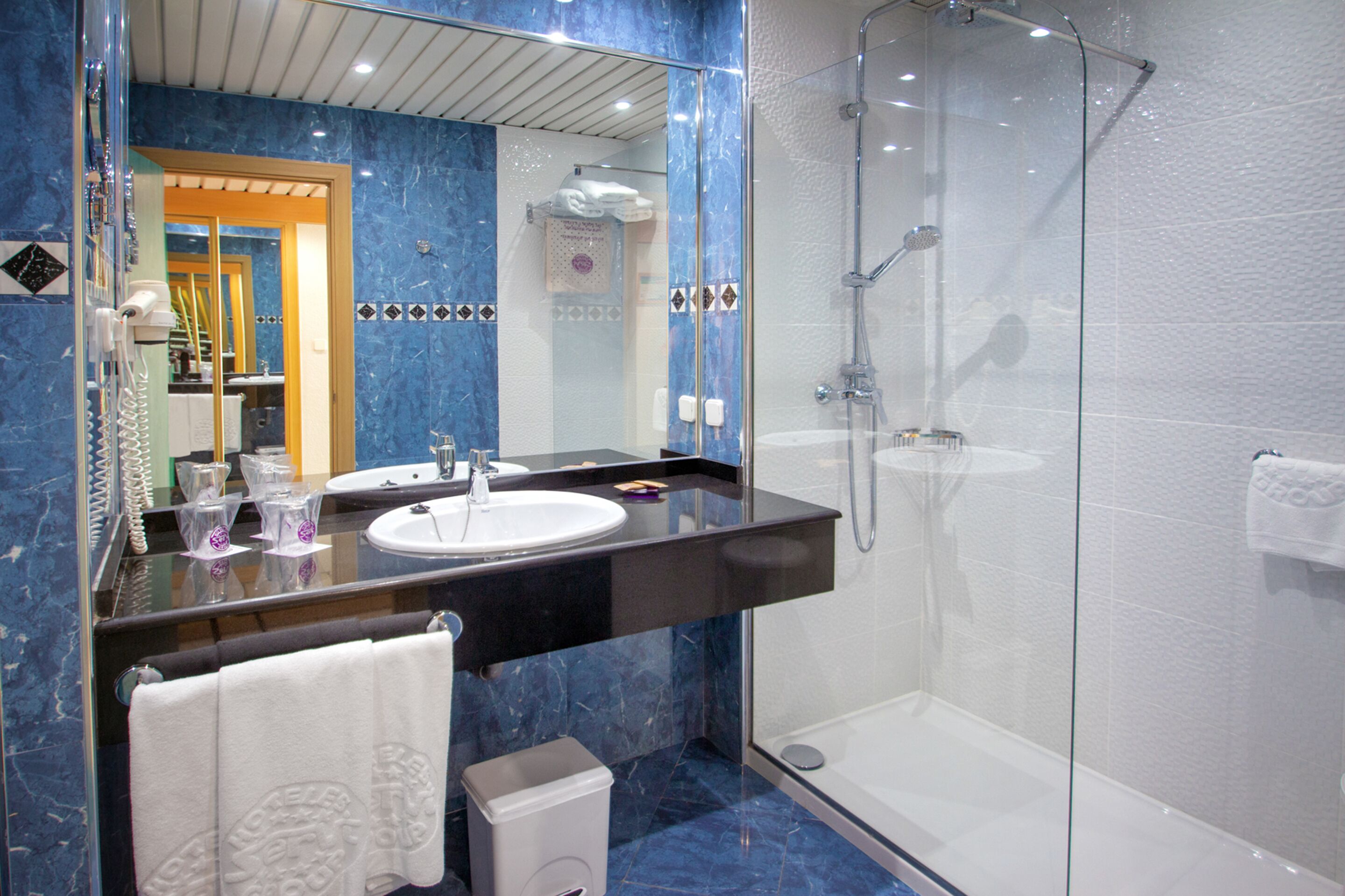 shower, hair dryer, bidet, towels