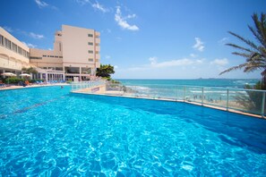 Outdoor pool, pool umbrellas, pool loungers