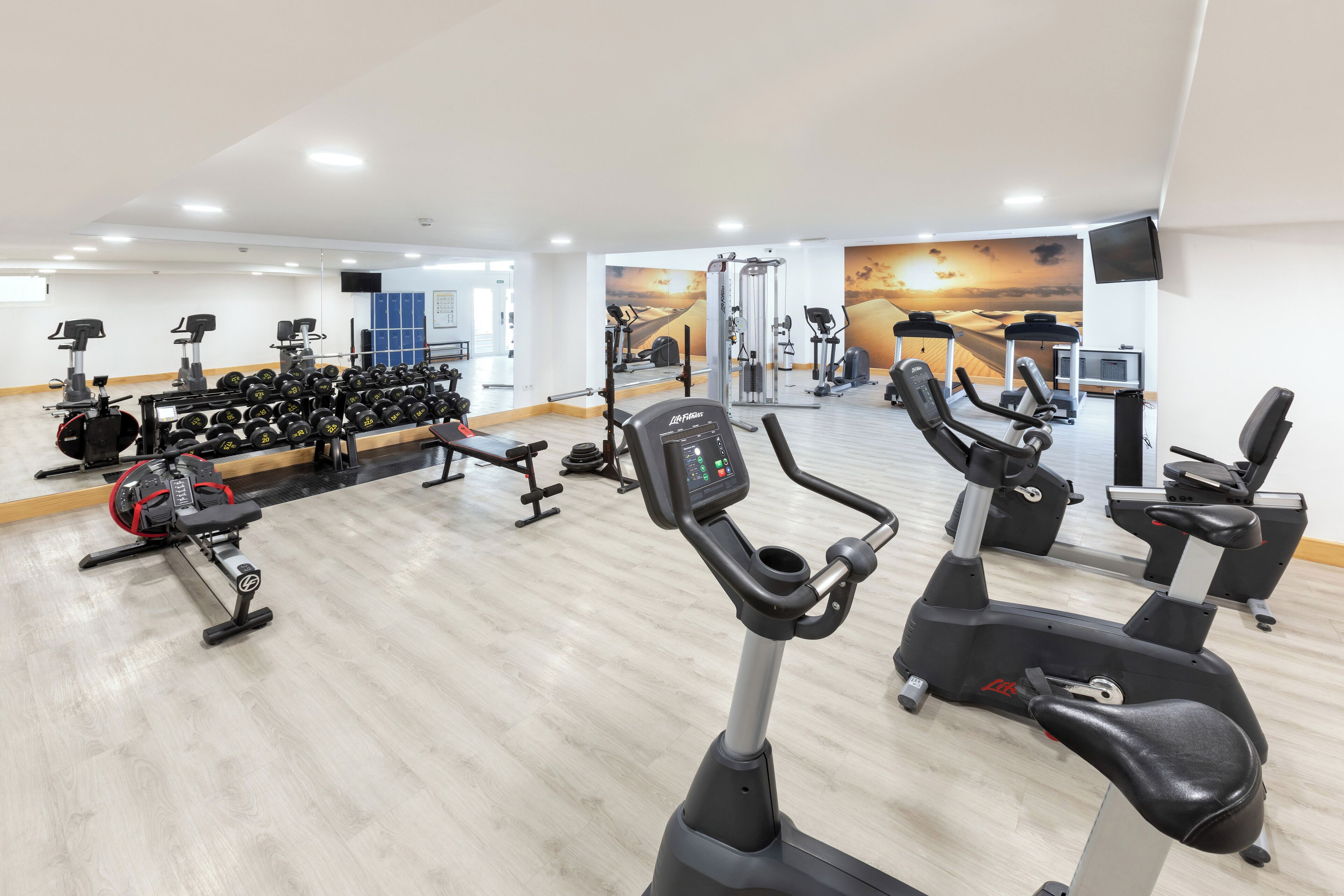 A gym with cardio machines, weightlifting equipment, and a mirrored wall.