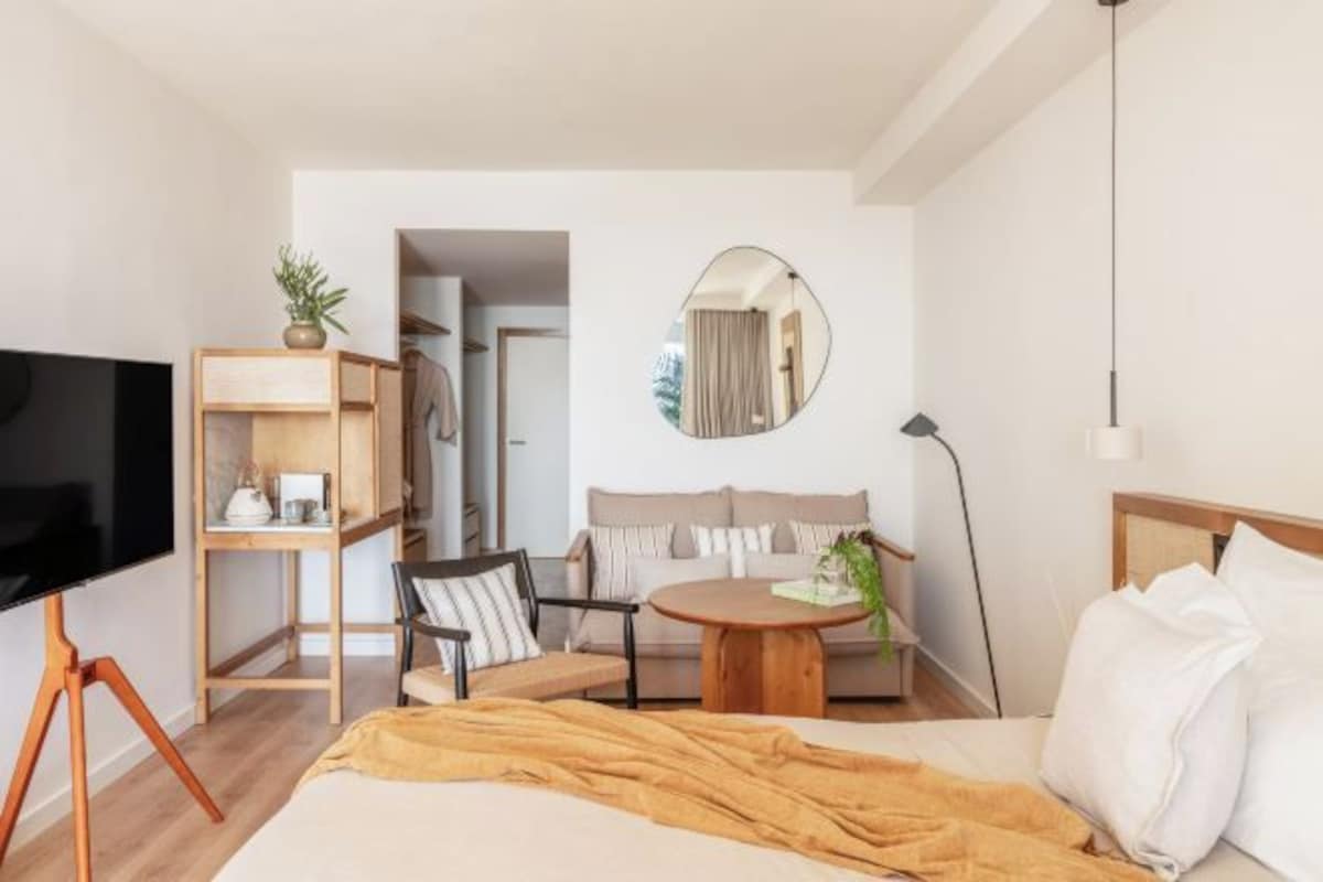 Una habitación de hotel moderna con cama, televisión, escritorio, mesa redonda, sofá, espejo y planta.