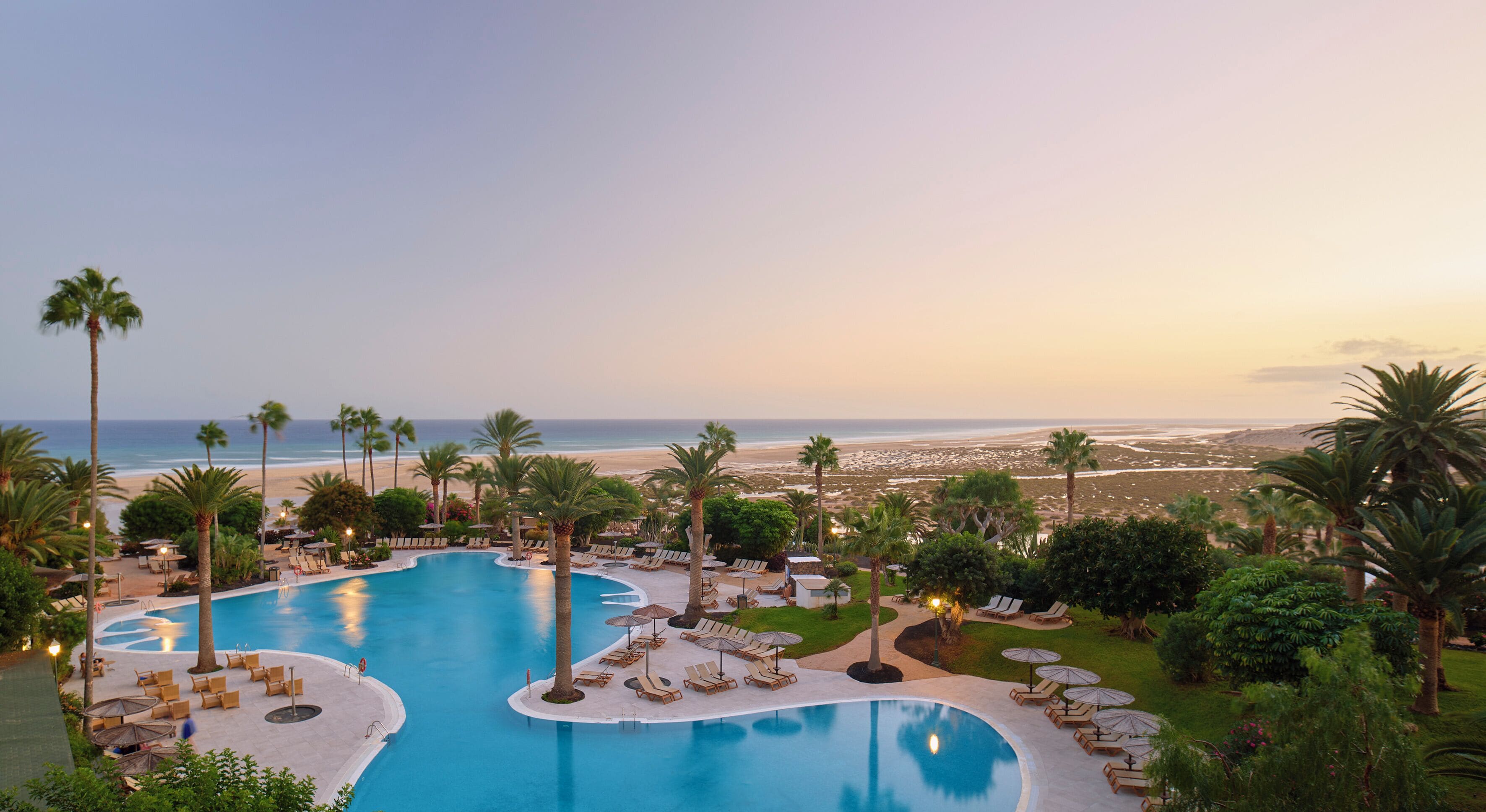 Una piscina de resort con diseño curvo, rodeada de palmeras y sillas de descanso, con vista a una playa y el océano al fondo.