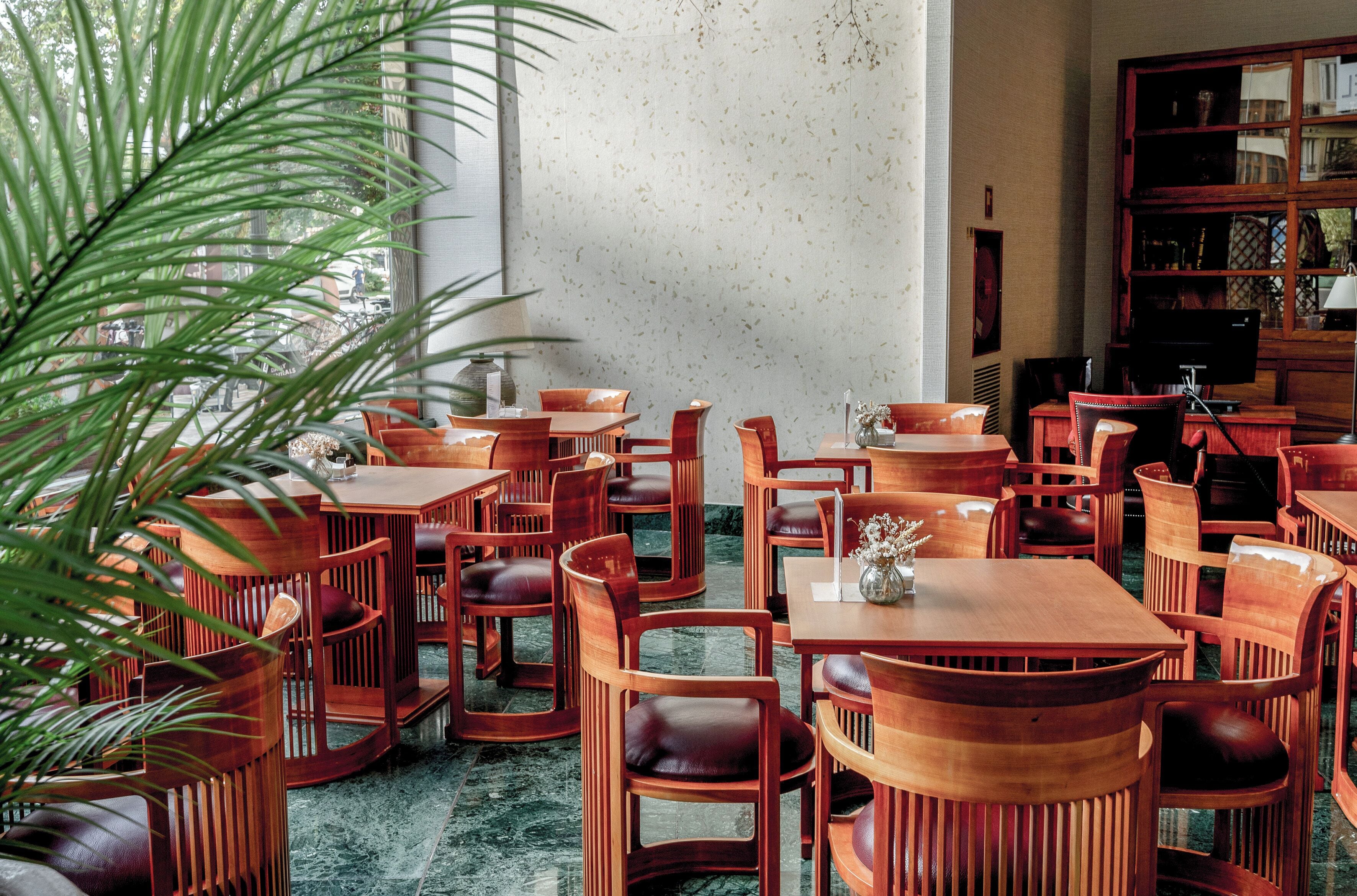 Un restaurant avec des tables et des chaises en bois, une grande plante et une bibliothèque.