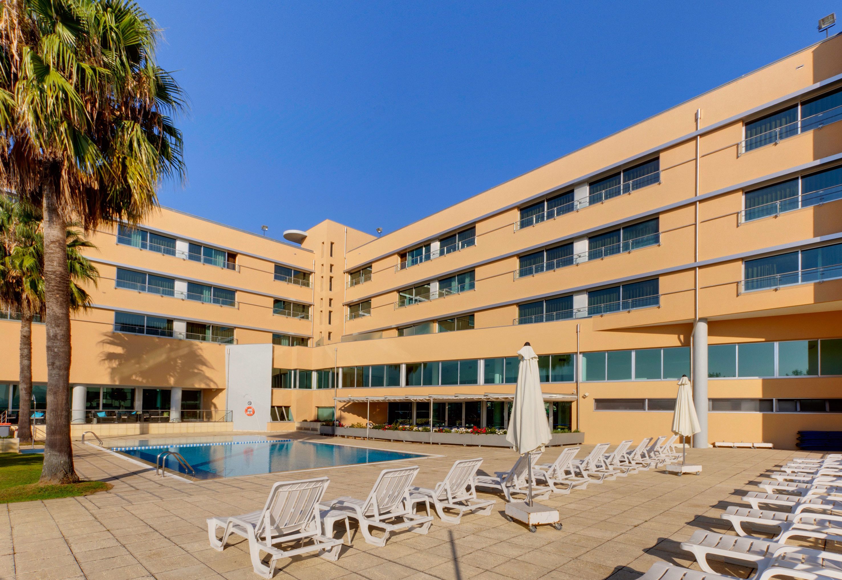 Un hotel con piscina, tumbonas y una palmera.