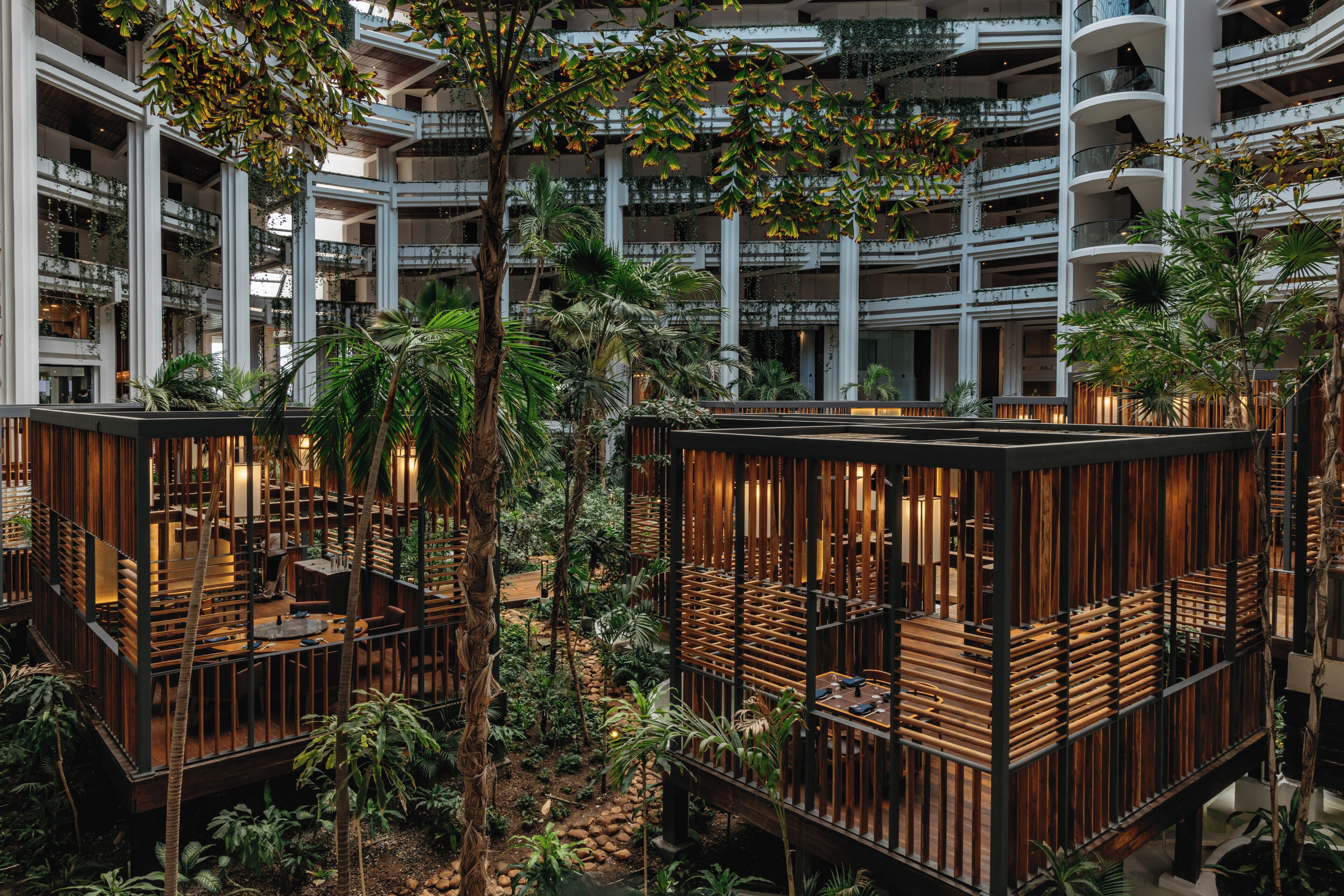 A multi-level atrium with wooden structures, indoor plants, and a central open space.