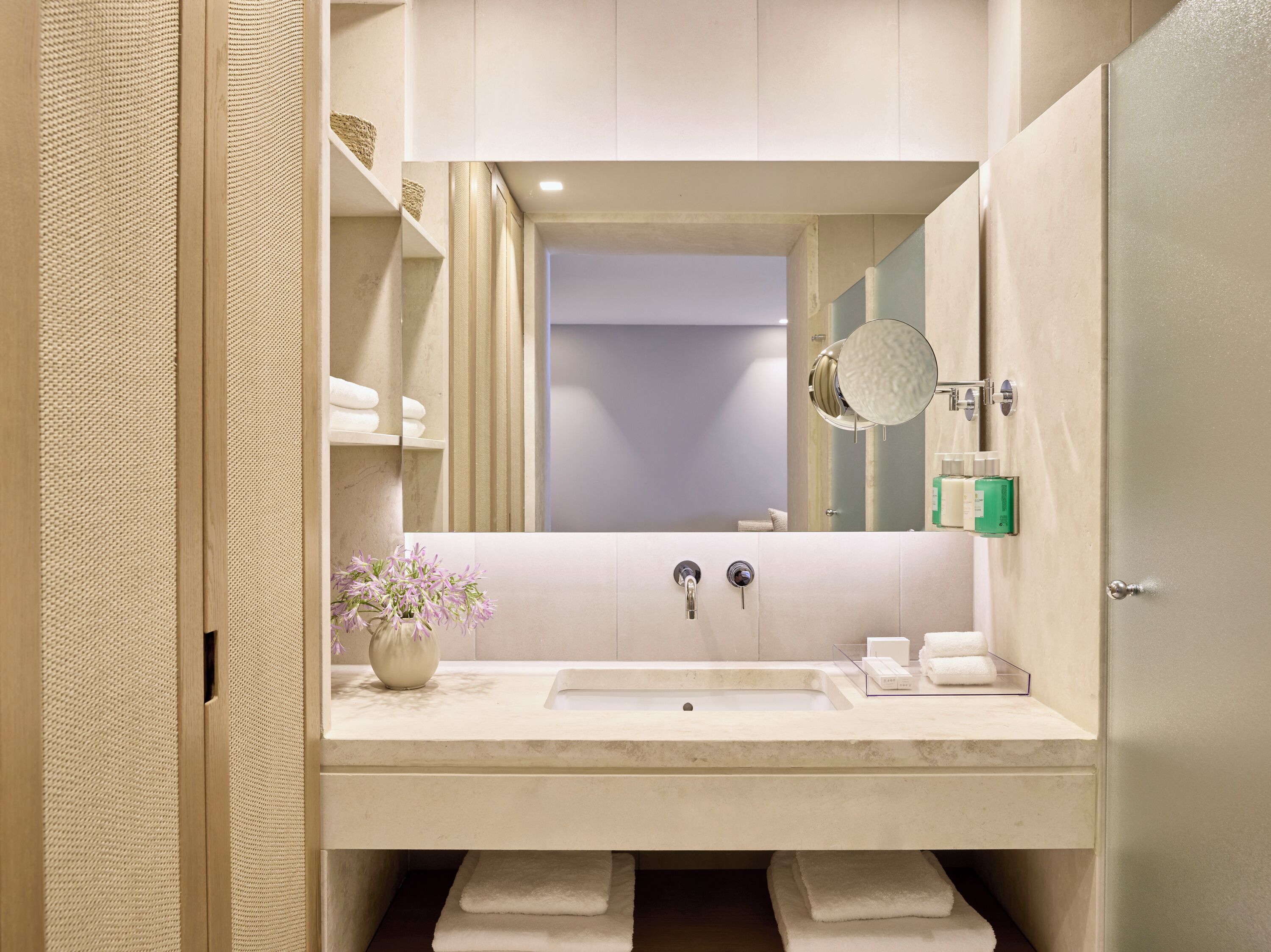 eco-friendly toiletries, hair dryer, towels, soap