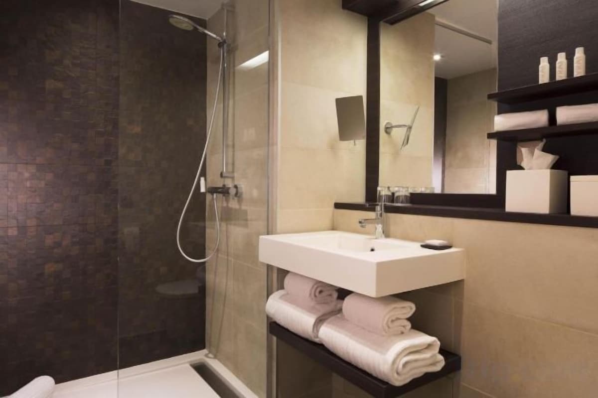 Hair dryer, towels, shampoo