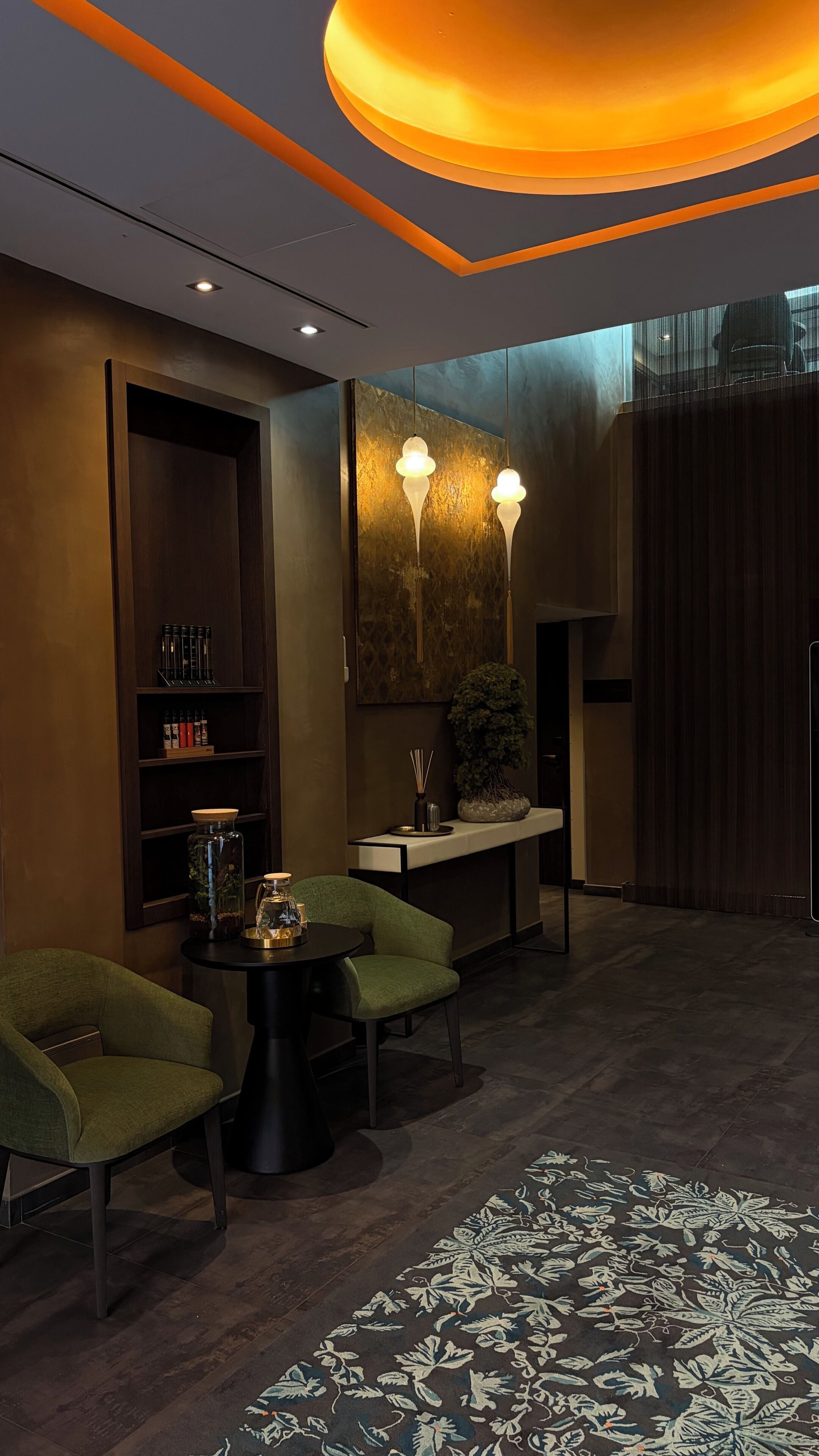A modern interior with a round table, two chairs, a bookshelf, and a decorative plant.