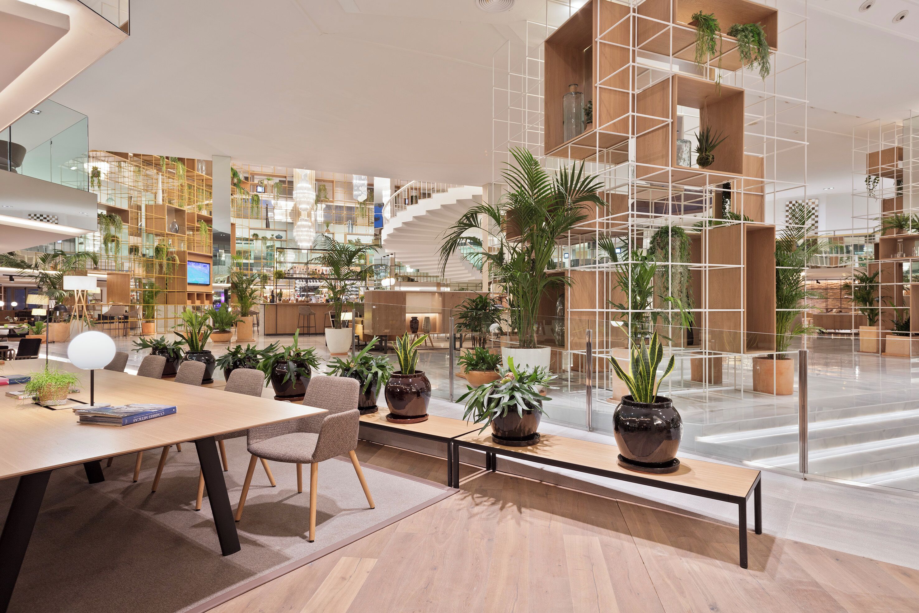 Un amplio espacio interior con una larga mesa de madera, varias sillas y plantas en macetas.