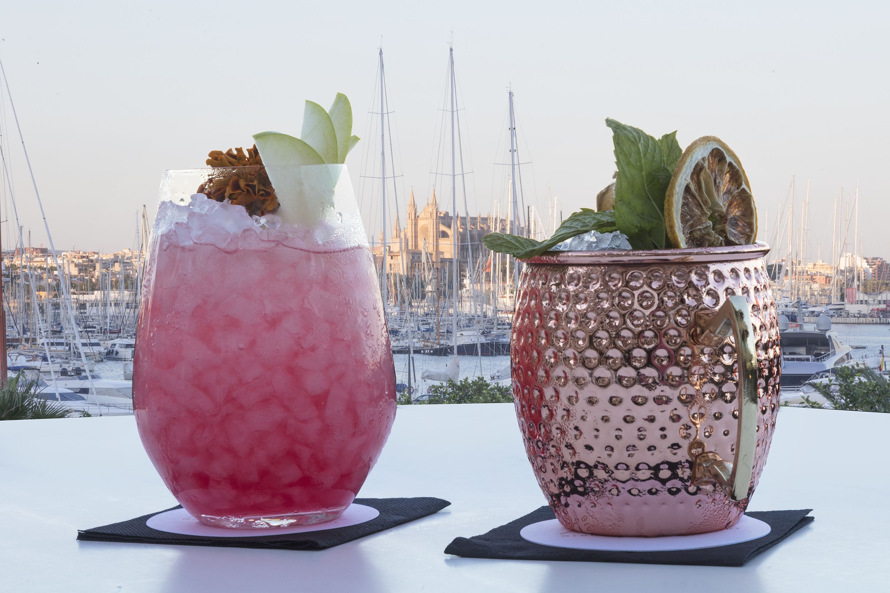 Two drinks on a table with a marina view in the background.