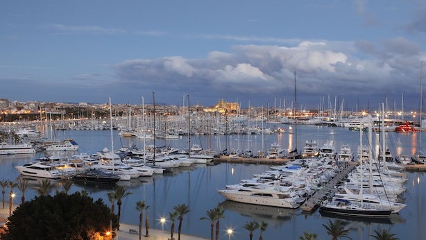 Un puerto deportivo lleno de diferentes barcos y yates, rodeado por un paisaje urbano con edificios y palmeras.