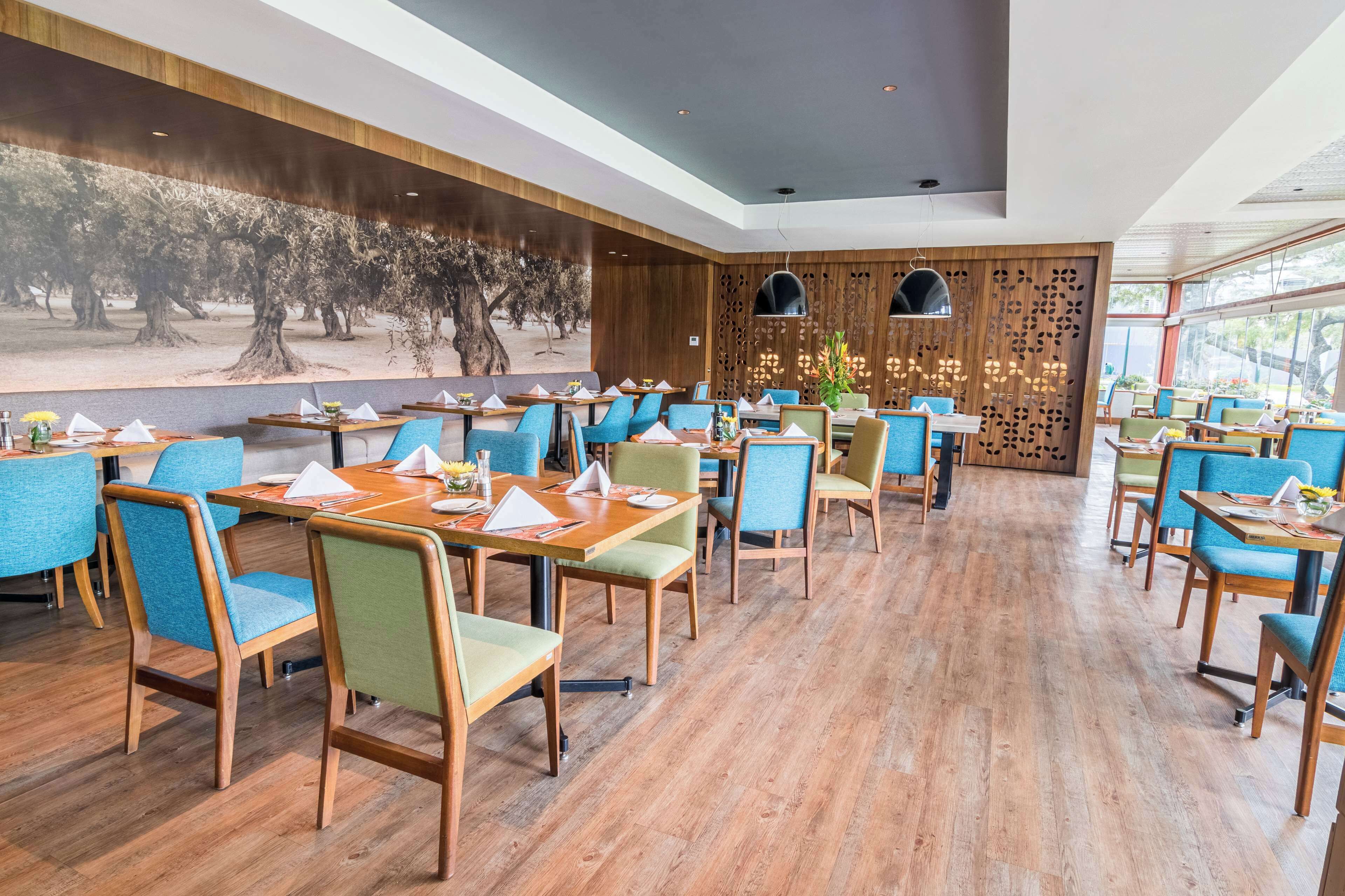 Un restaurant spacieux doté d’un plancher en bois, de chaises bleues et vertes, et d’une grande fresque représentant des arbres sur un mur.