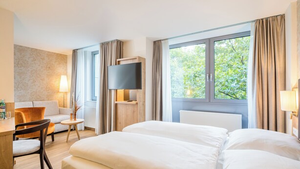 Habitación de hotel con una cama grande, televisión, escritorio con silla y vista a árboles por la ventana.