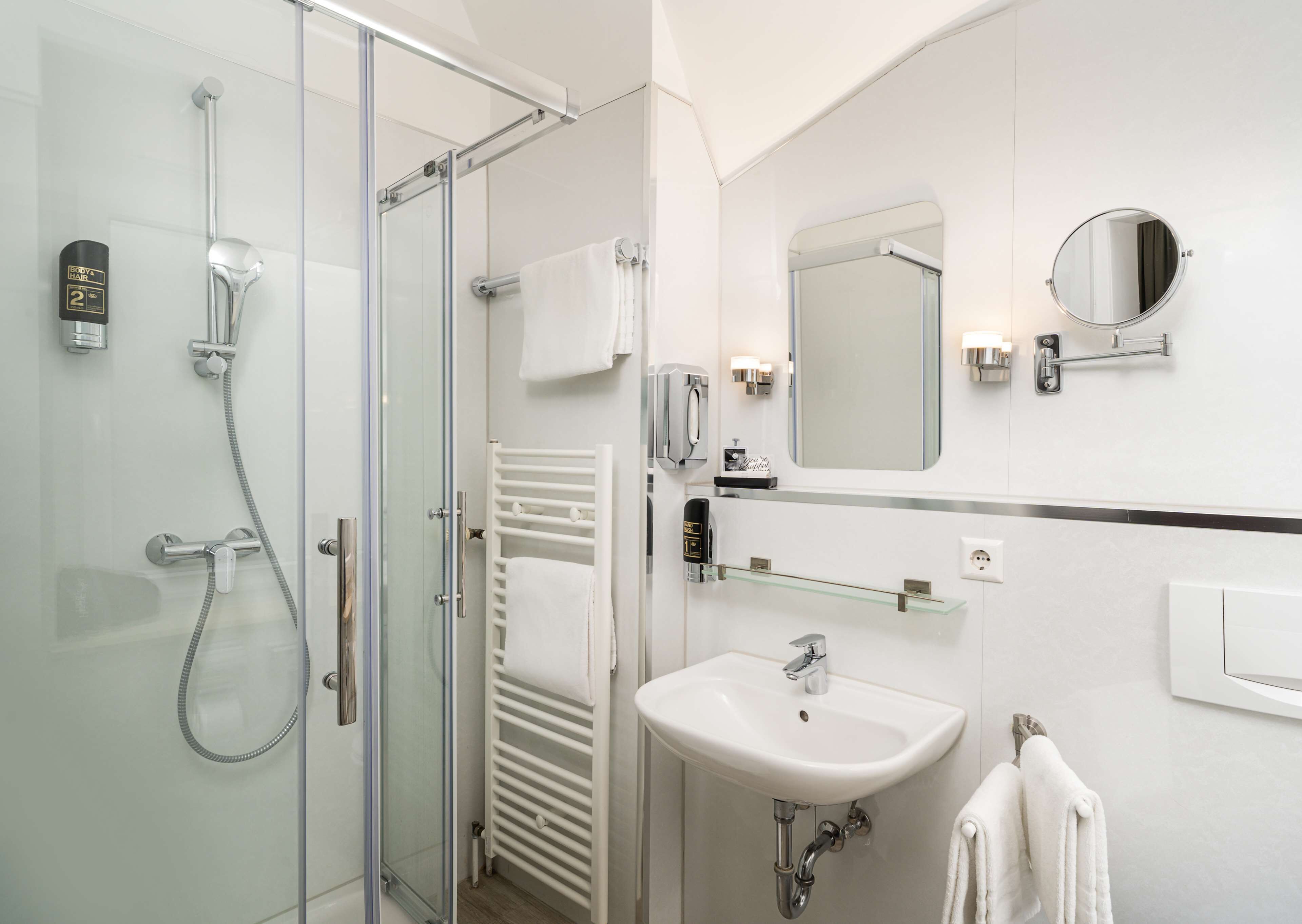 superior double room | bathroom | shower, designer toiletries, hair dryer, slippers