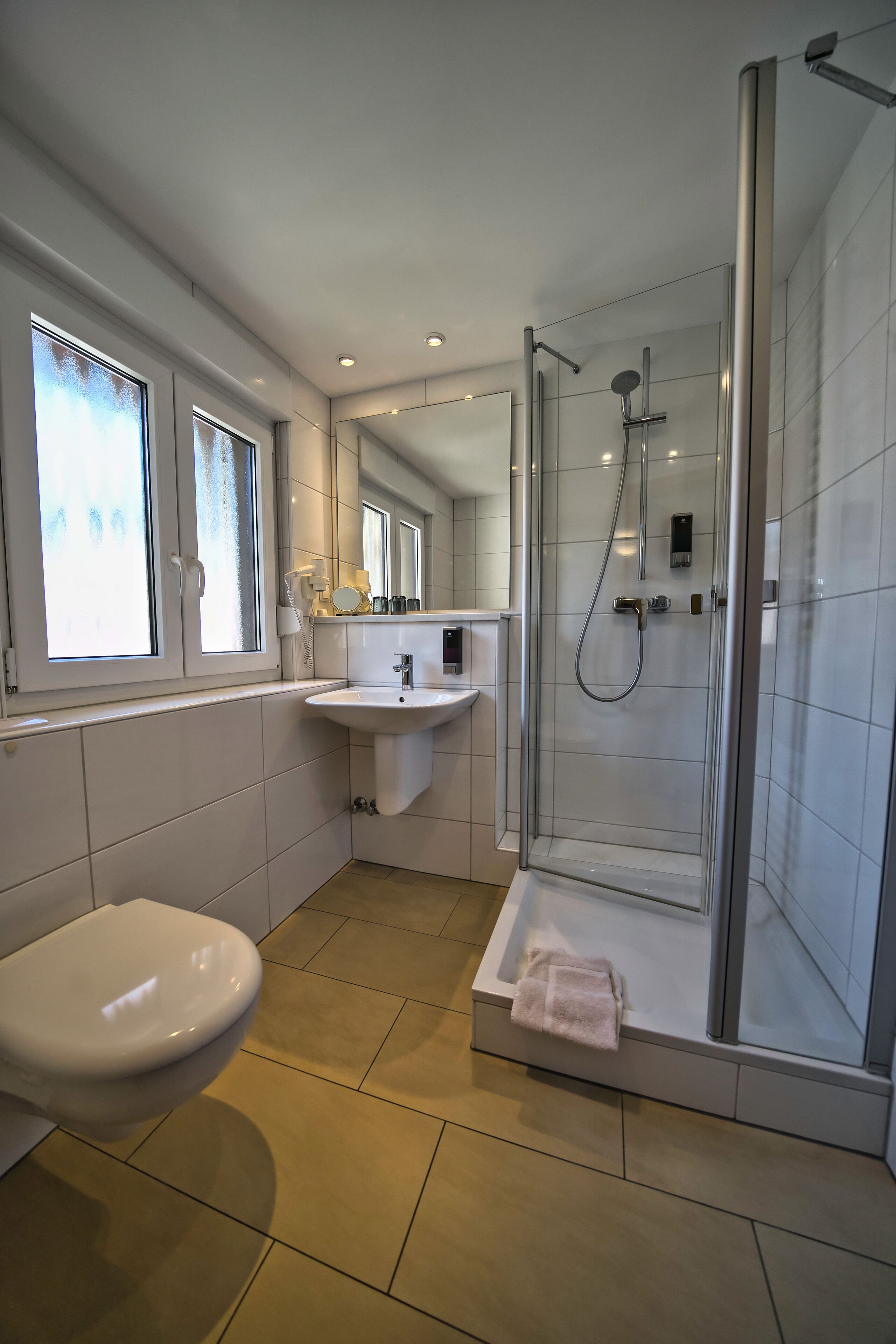 A modern bathroom with a glass-enclosed shower, a white sink, and a toilet.