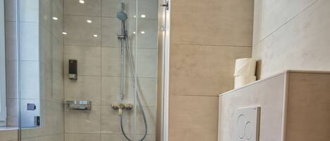 A modern bathroom with a glass-enclosed shower, a white toilet, and a wall-mounted toilet paper holder.