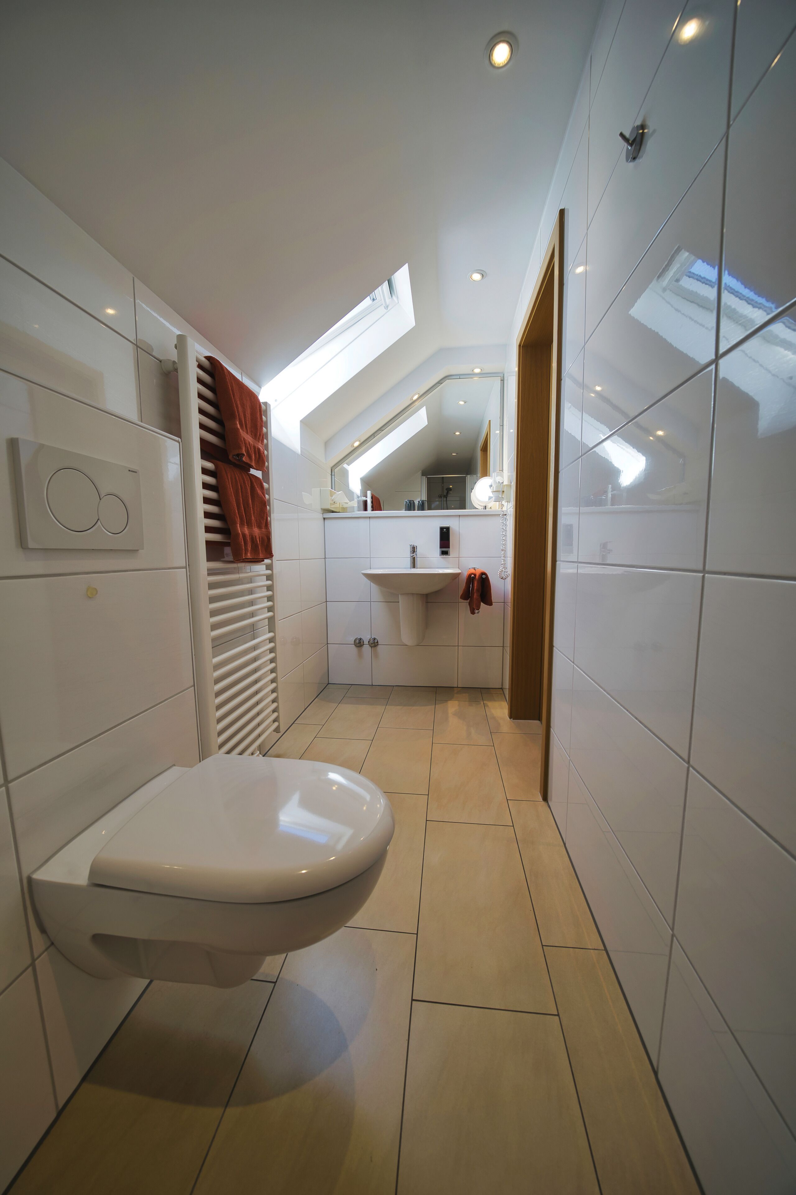 A modern bathroom with a skylight, a toilet, a sink, and a towel rack.