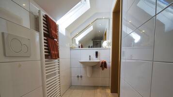 A modern bathroom with a skylight, a toilet, a sink, and a towel rack.