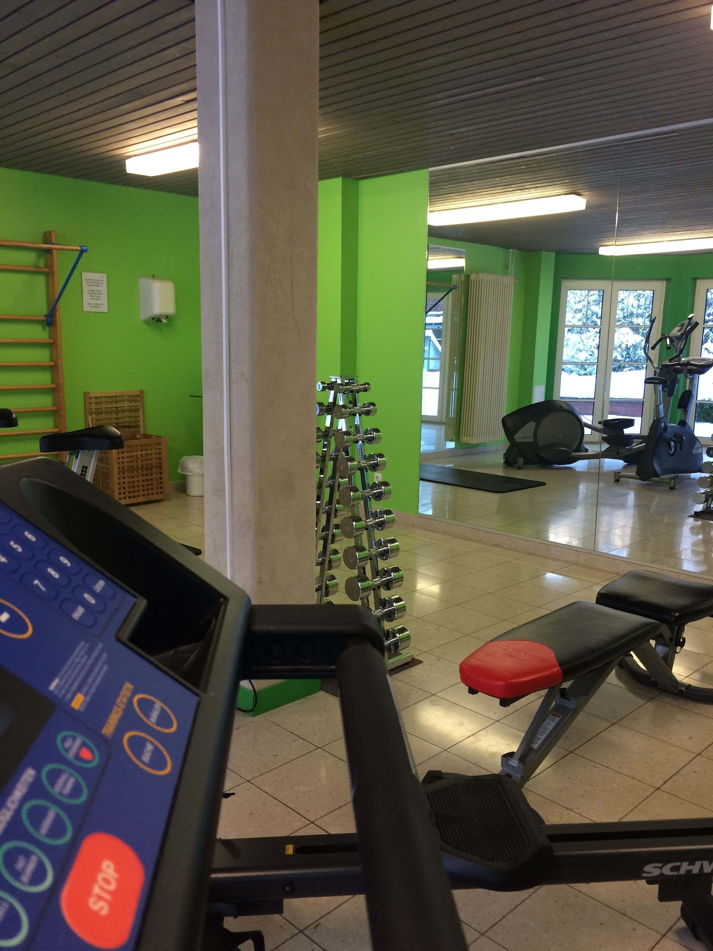A gym with green walls, exercise equipment, and a treadmill.