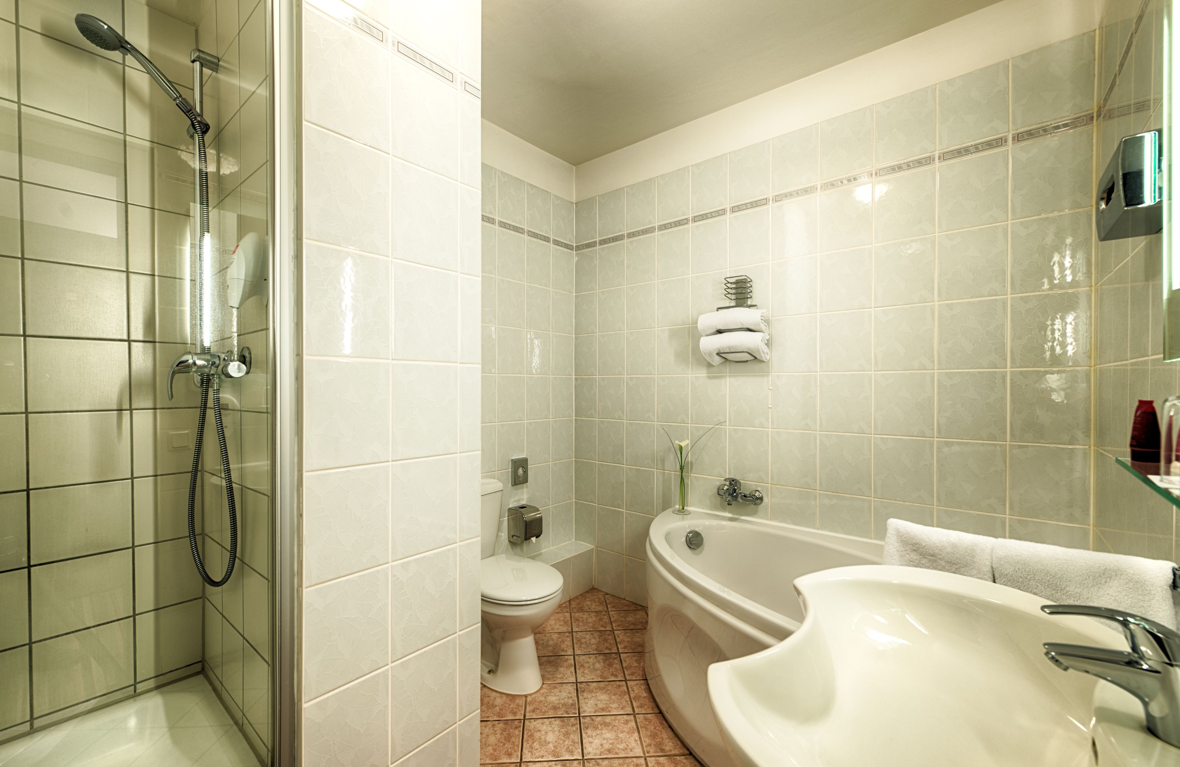 standard double room | bathroom | combined shower/bathtub, free toiletries, hair dryer, towels