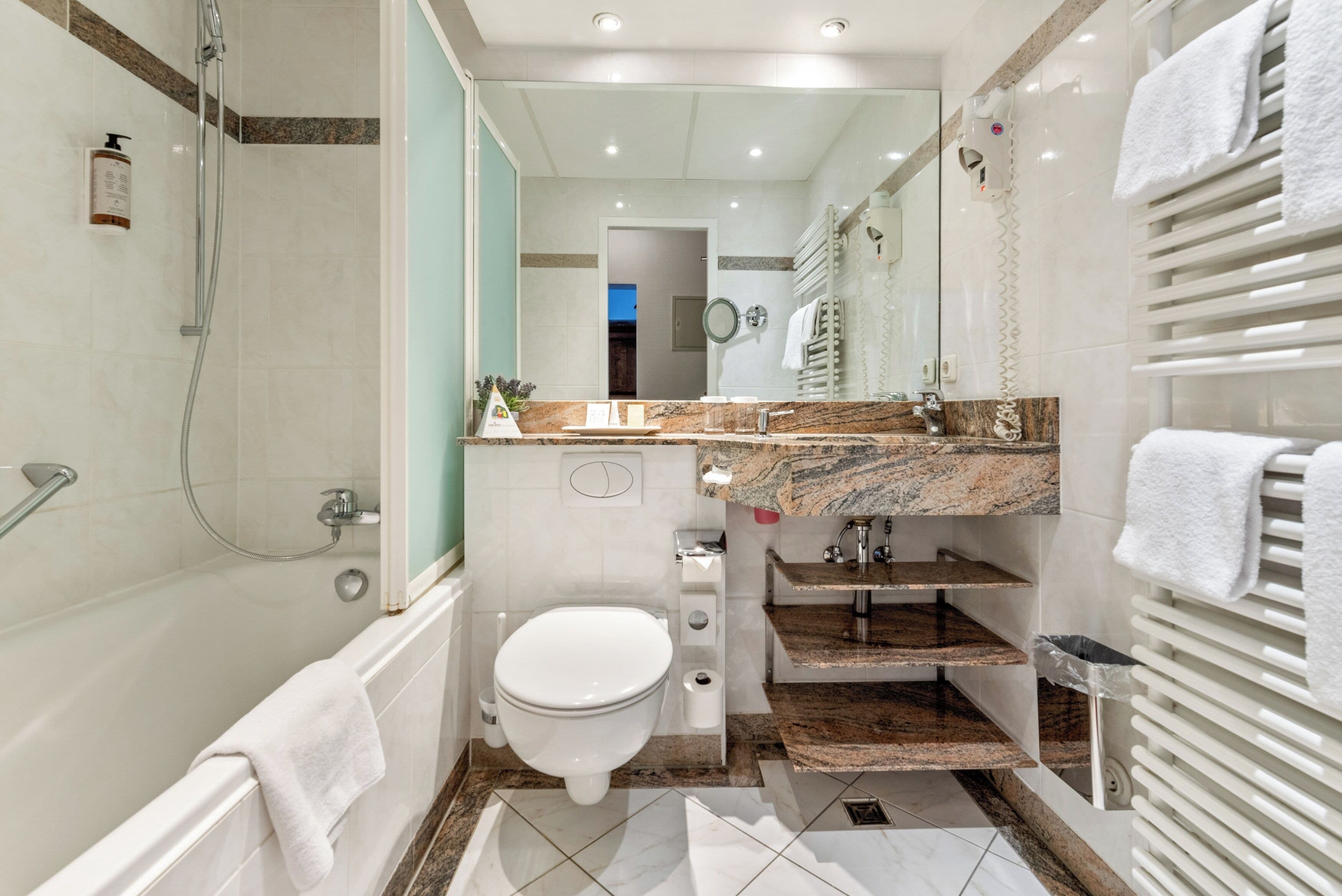 free toiletries, hair dryer, towels, soap