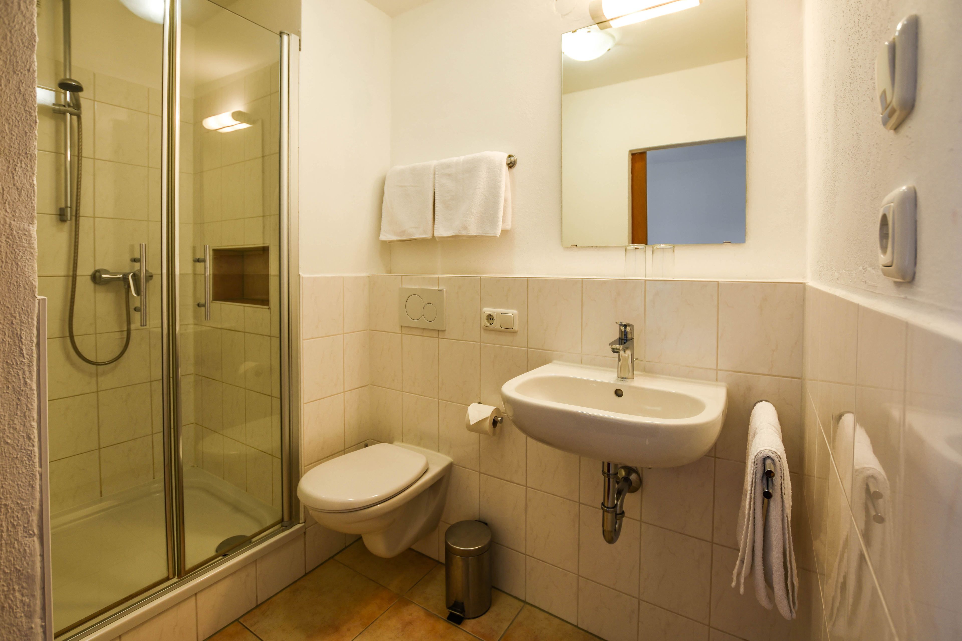standard double room, mountainside | bathroom | hair dryer, towels, soap, shampoo