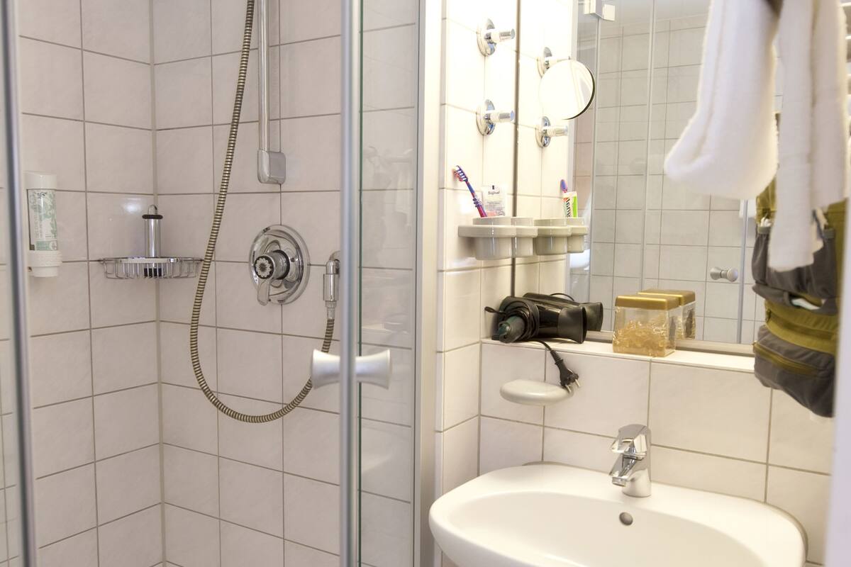 shower, free toiletries, hair dryer, towels