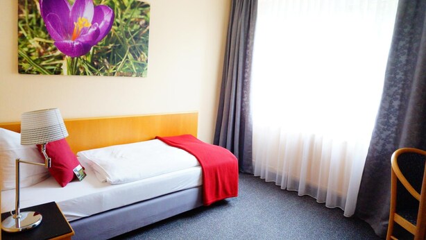 A hotel room with a bed, a nightstand, a lamp, a red pillow, a white blanket, a red throw, a window with sheer curtains, and a painting of a purple flower. - Hotel Am Tierpark (Guestrow)