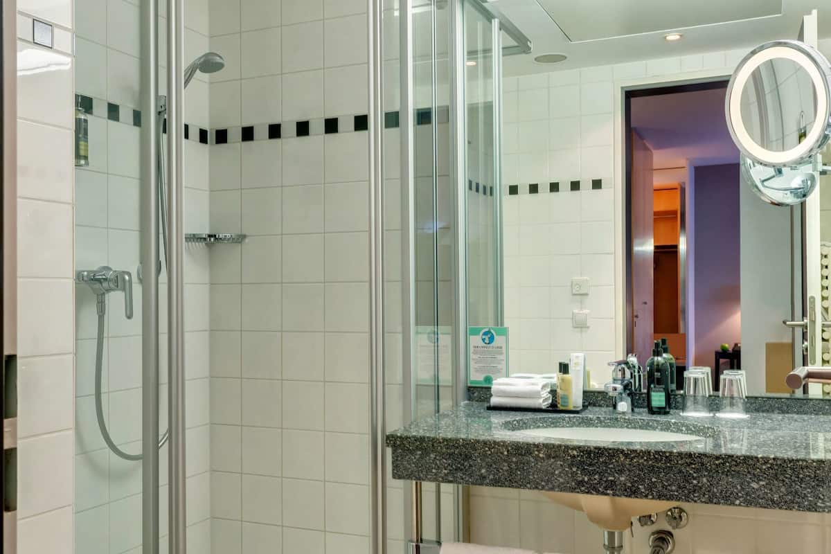 business single room | bathroom | eco-friendly toiletries, hair dryer, towels, soap