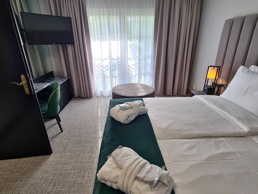 Hotelkamer met een bed, een televisie, een bureau, een stoel, een lamp en uitzicht op de omgeving.