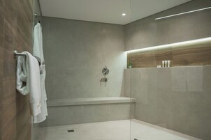 Combined shower/tub, hair dryer, slippers, towels