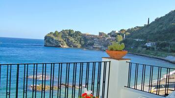 A balcony with a view of the sea, a white table, two white chairs, and a potted plant with red flowers.