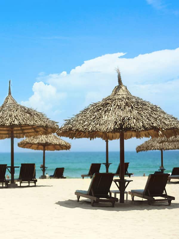 Private beach, white sand, sun loungers, beach umbrellas
