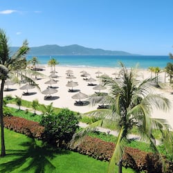 Private beach, white sand, sun loungers, beach umbrellas
