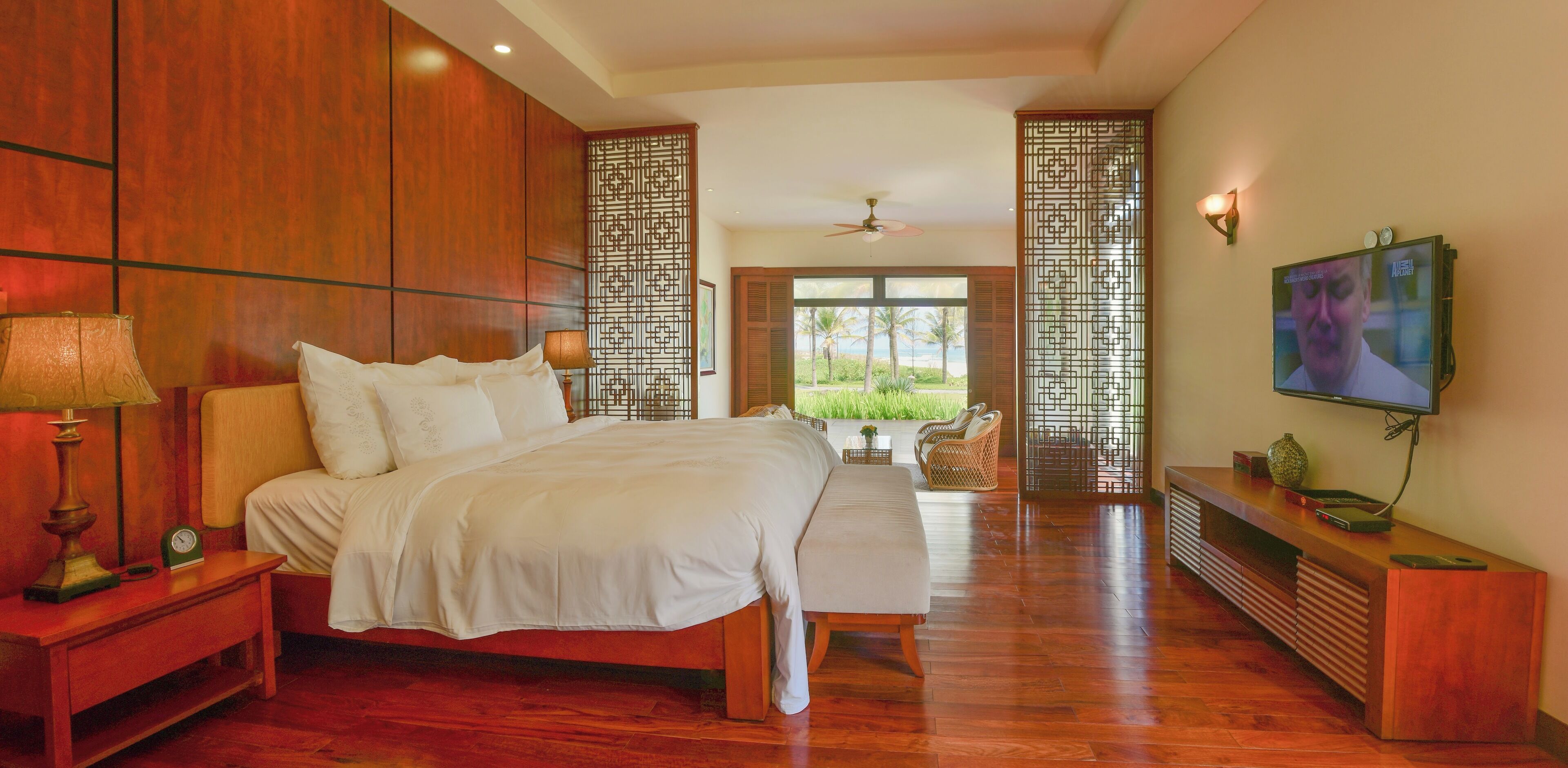 A spacious bedroom with a large bed, bedside tables, a TV, and a view of the outdoors.
