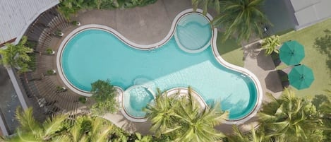 Outdoor pool, open 7:00 AM to 8:00 PM, sun loungers