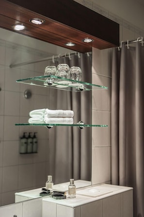 Eco-friendly toiletries, hair dryer, bathrobes, towels
