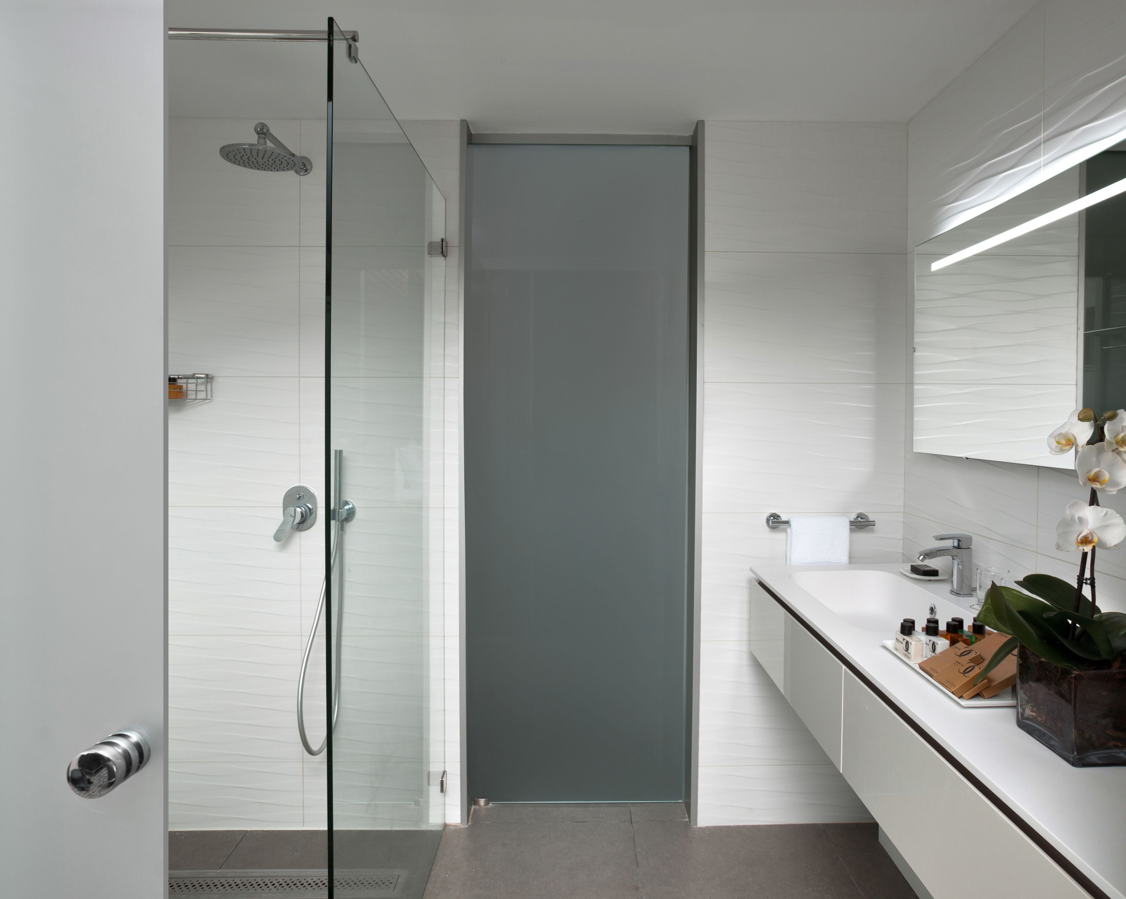 Une salle de bain moderne avec une douche à l’italienne en verre, un lavabo blanc avec un miroir et une orchidée en pot.