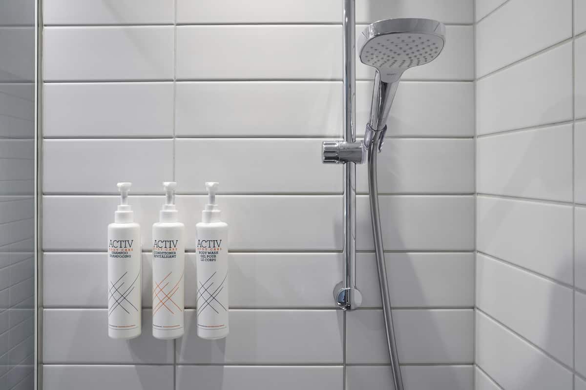 shower, eco-friendly toiletries, hair dryer, towels