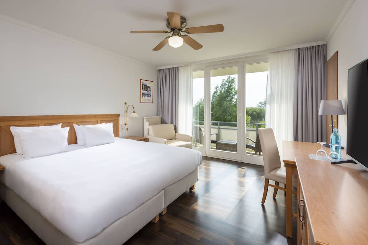 A hotel room with a large bed, a desk, a chair, a ceiling fan, and a view of the outdoors.