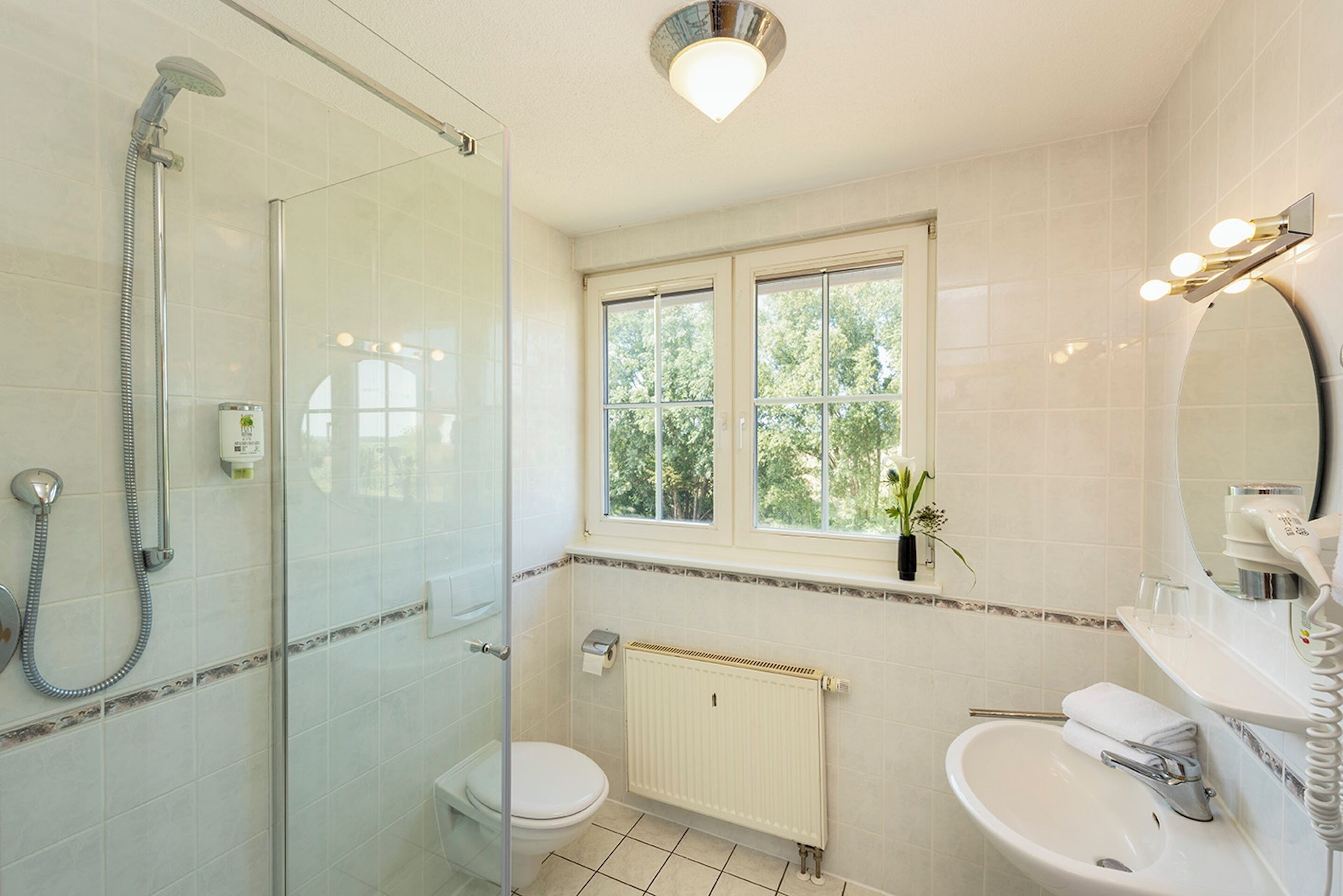 A bathroom with a glass shower enclosure, a toilet, a sink, and a window with a view of trees.