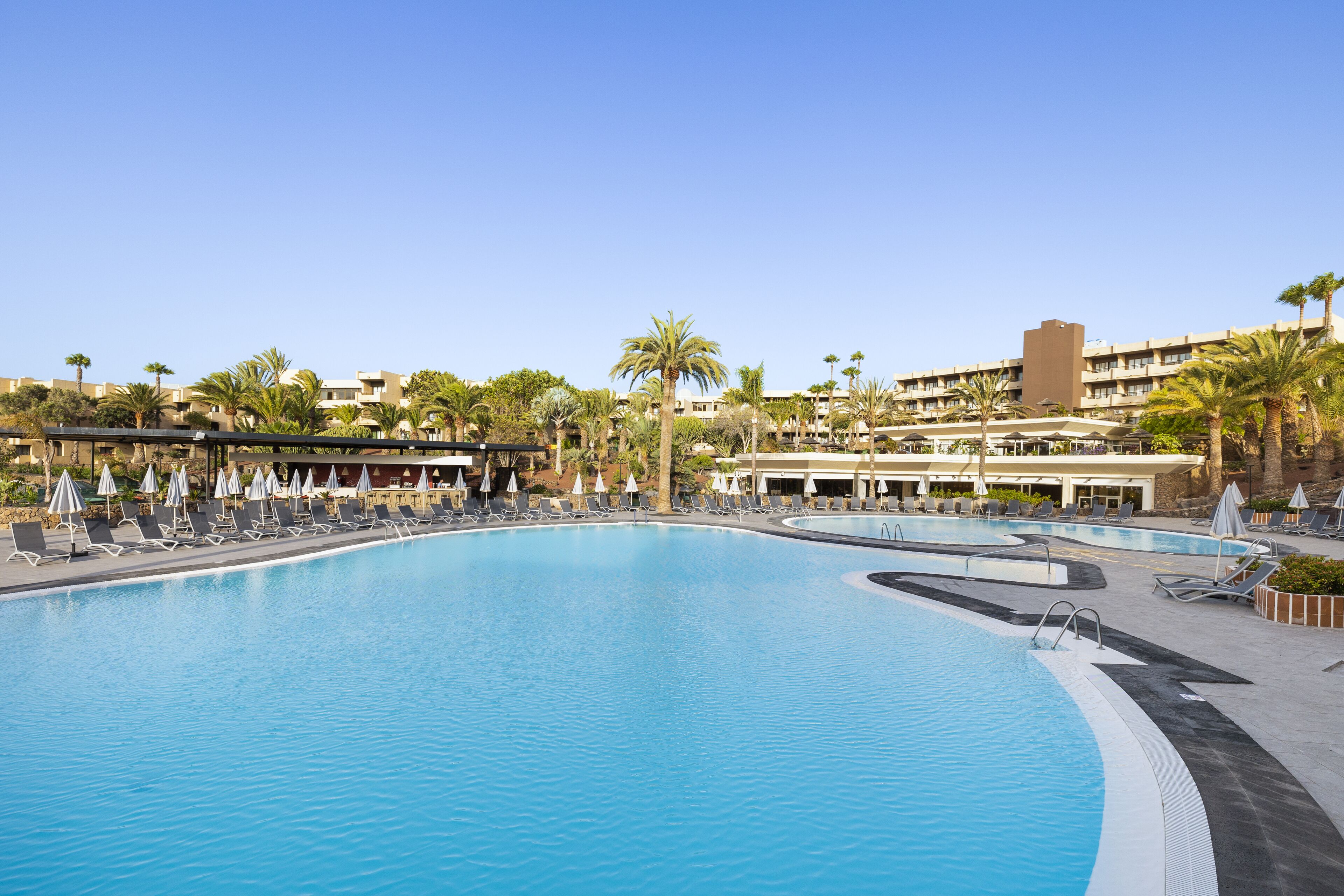 Una amplia piscina con sillas de descanso y sombrillas, rodeada de palmeras y un edificio de hotel al fondo.