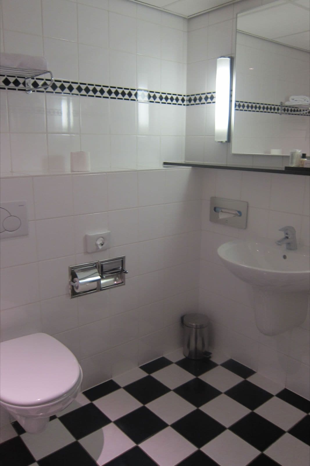 Een badkamer met een toilet, een wastafel en een prullenbak.